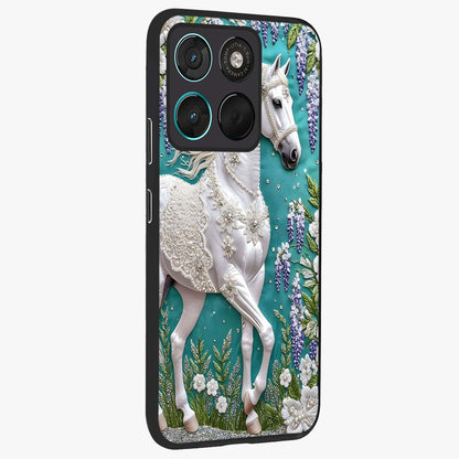 Majestic Floral Stallion Glass Case upright view showcasing dramatic horse artwork with decorative floral theme.