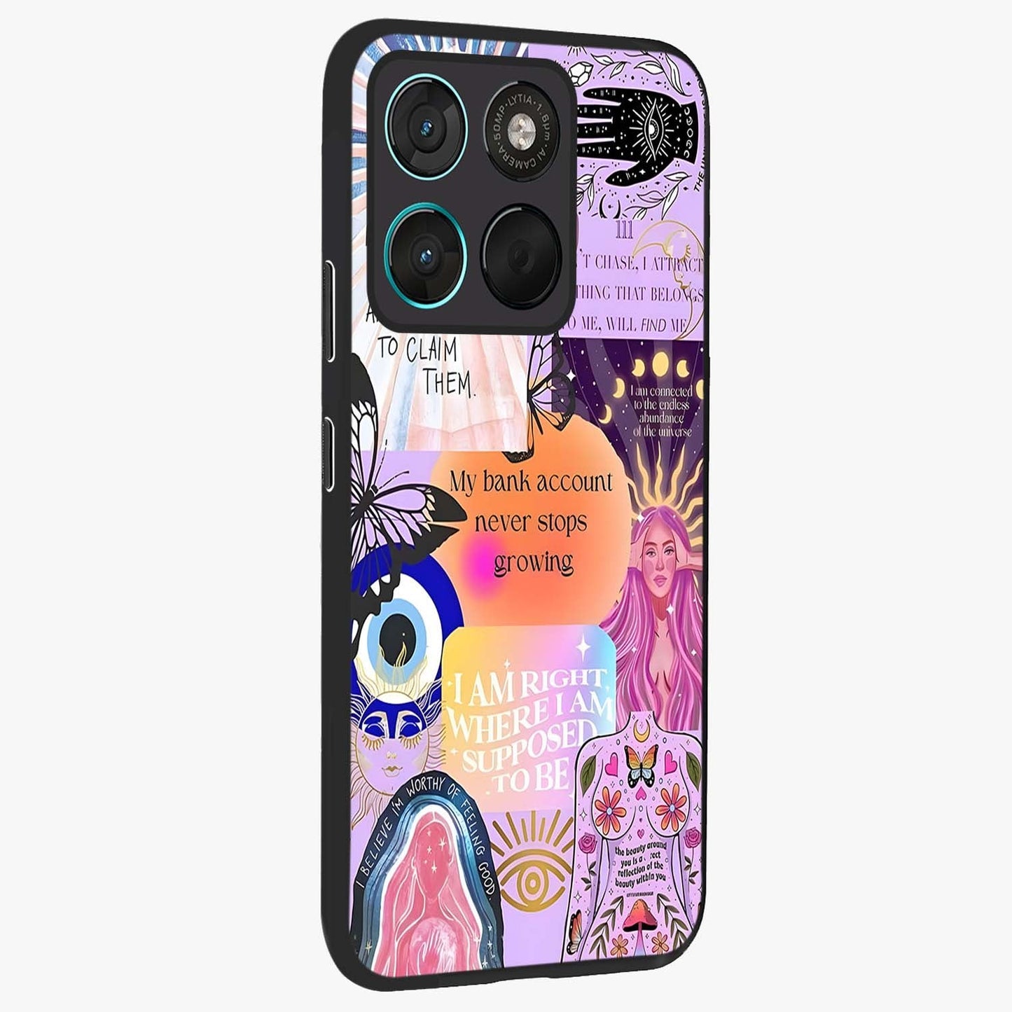 Manifestation Collage Glass Case upright view showcasing artistic manifestation themed artwork with creative style.