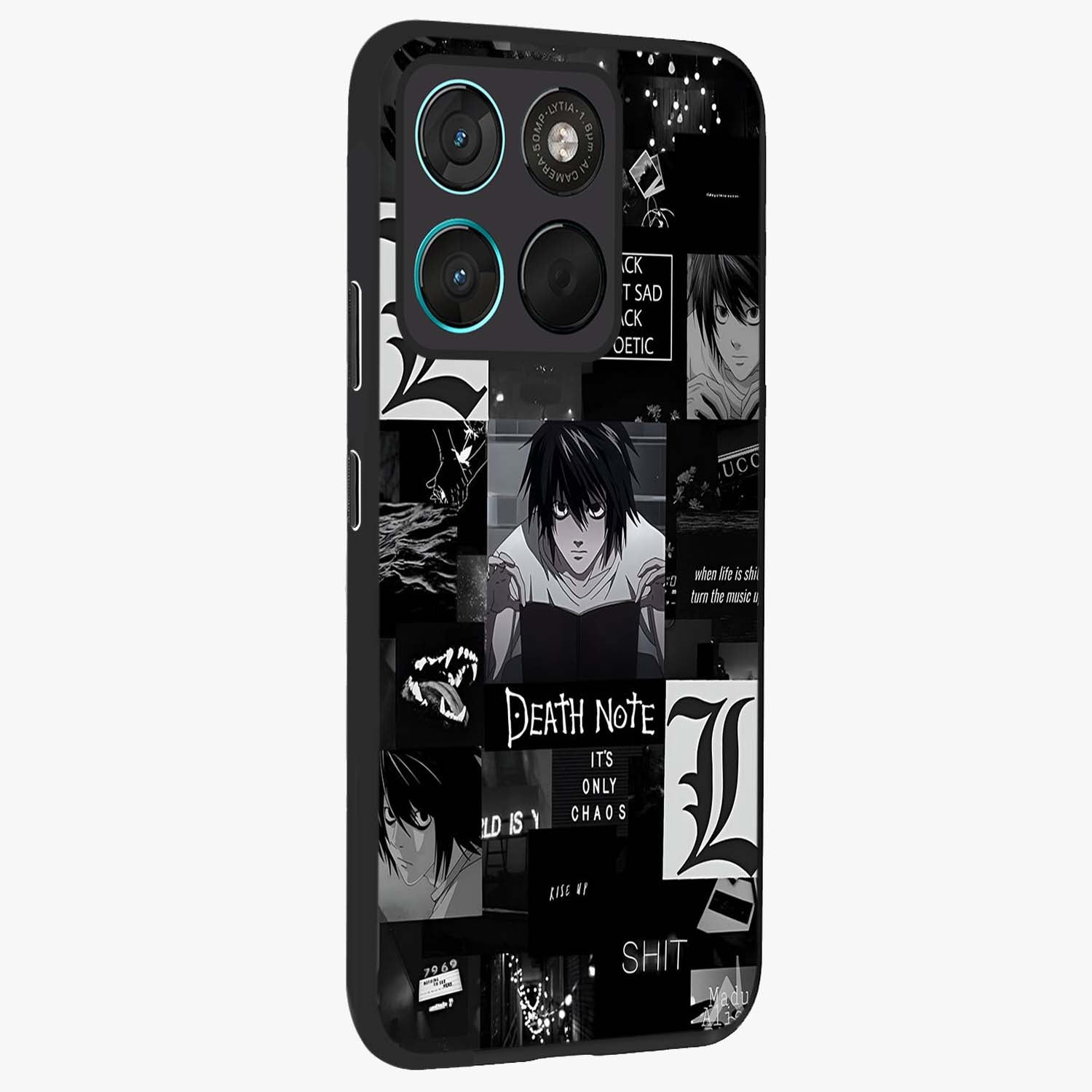 Midnight Chaos Mind Glass Case upright view showcasing expressive abstract artwork with bold dark theme.
