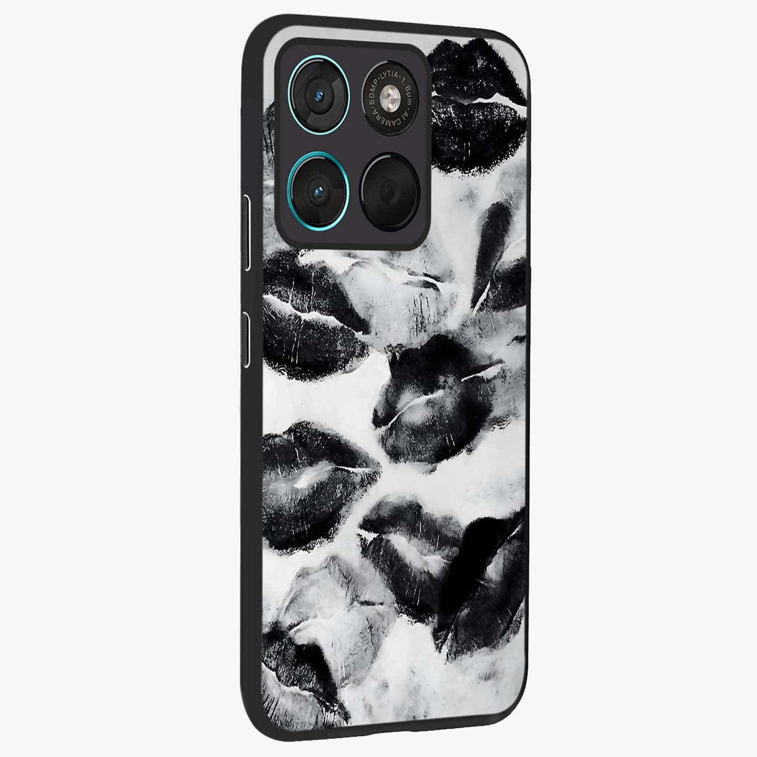 Midnight Kiss Marks Glass Case upright view showcasing stylish kiss mark artwork with trendy romantic theme.