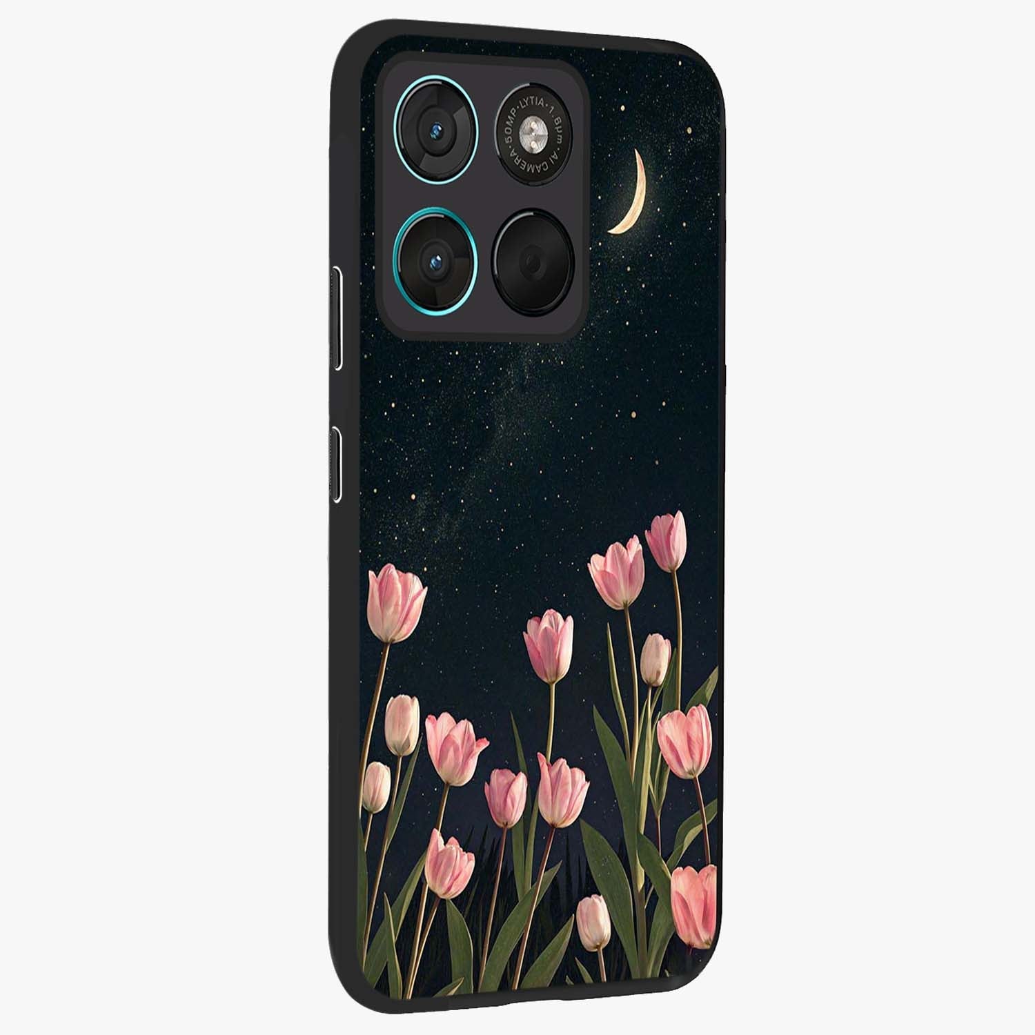 Midnight Tulip Whispers Vibe Glass Case upright view showcasing graceful tulip artwork with calm botanical theme.