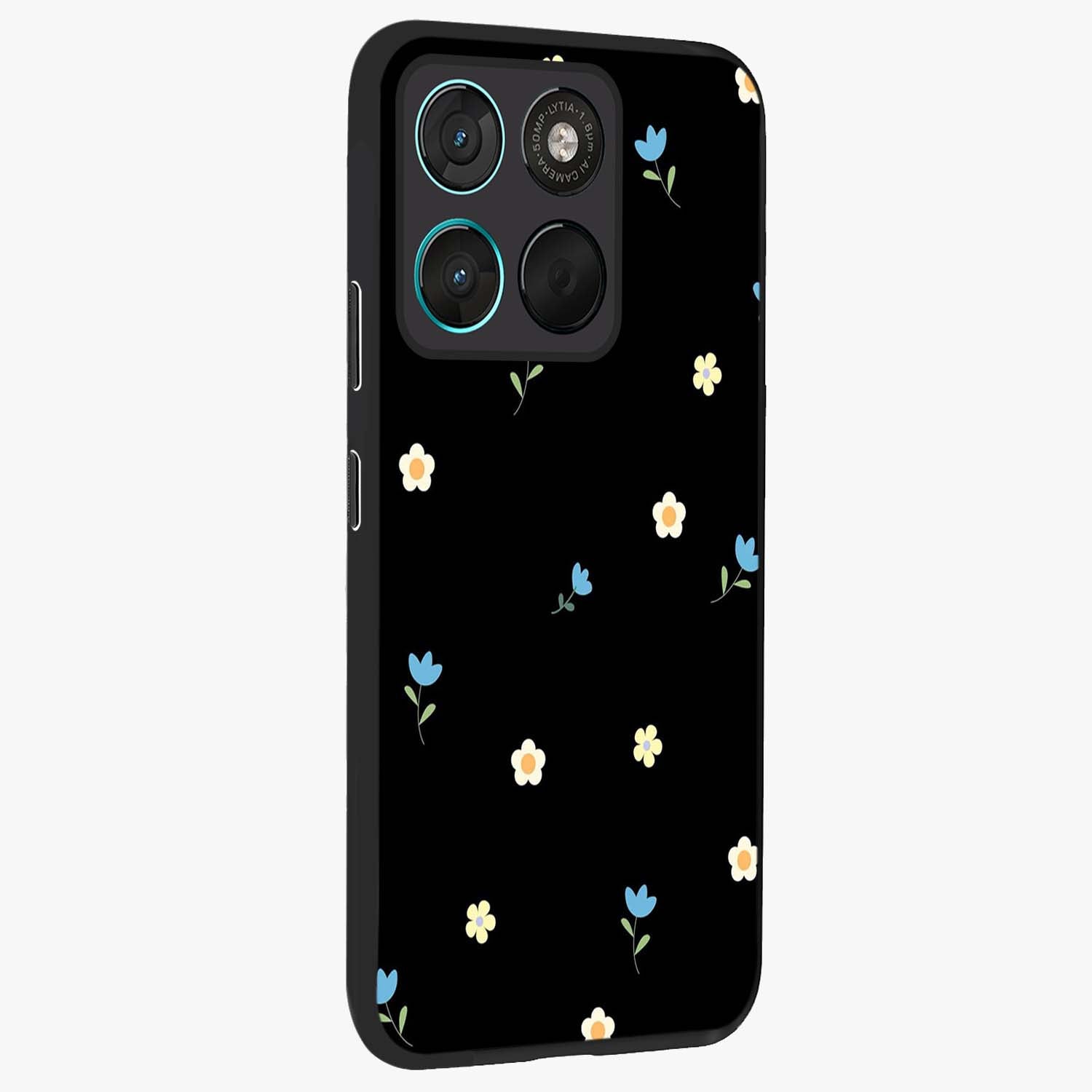 Minimal Petal Whispers Glass Case upright view showcasing elegant floral artwork with modern minimalist style.