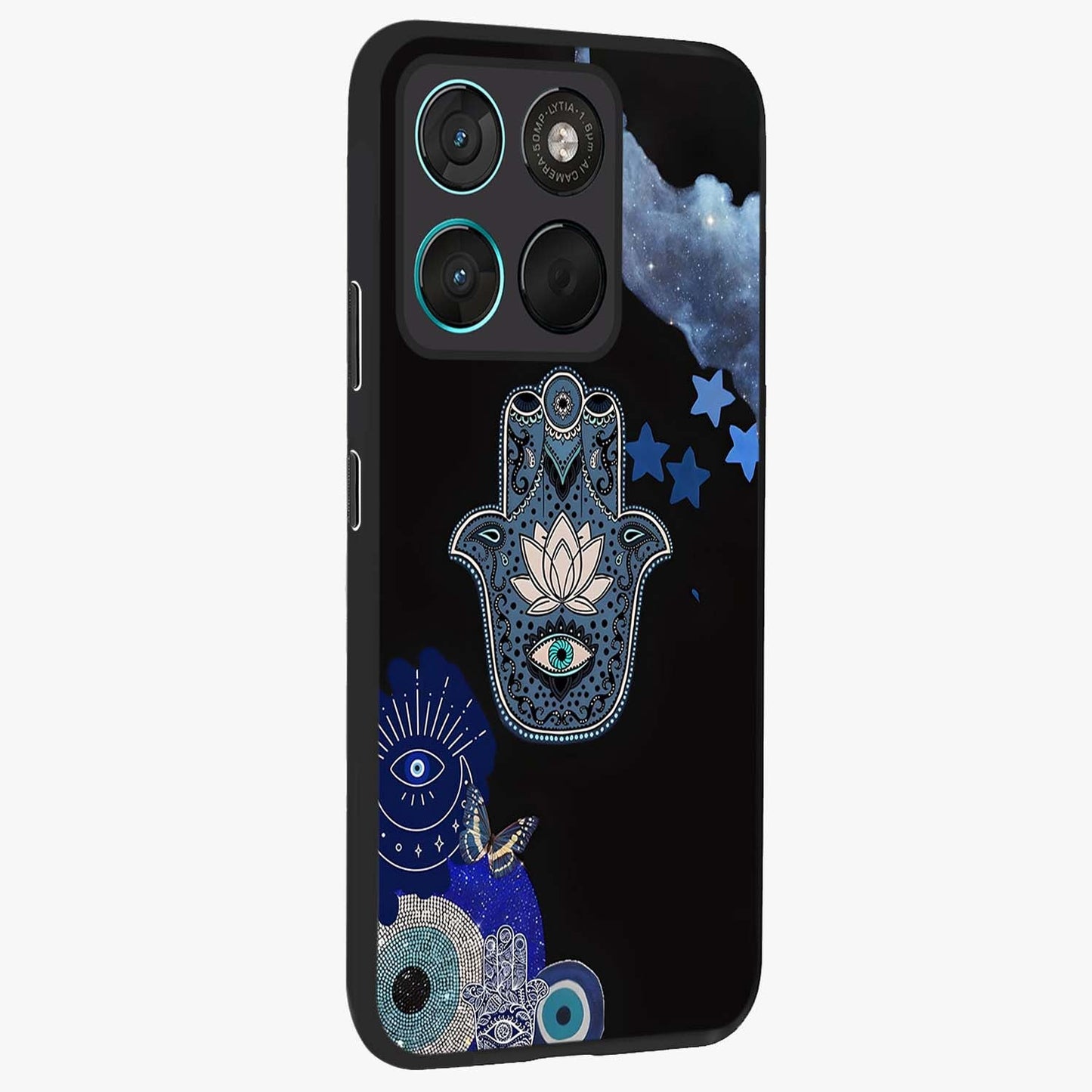 Mystic Hand Aura Glass Case upright view showcasing symbolic hand artwork with mystical energy theme.