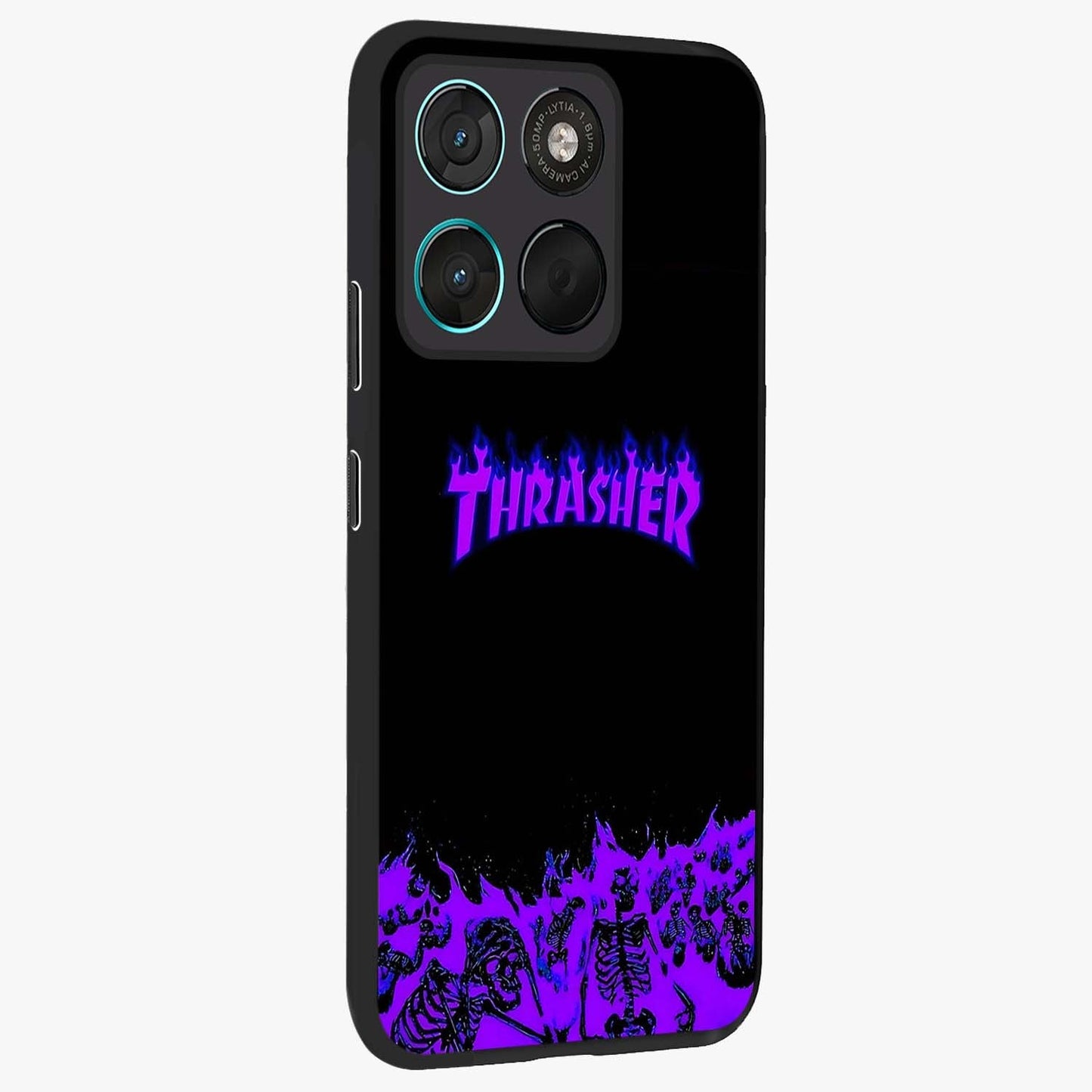 Neon Flame Riot Glass Case upright view showcasing dynamic flame artwork with energetic neon theme.