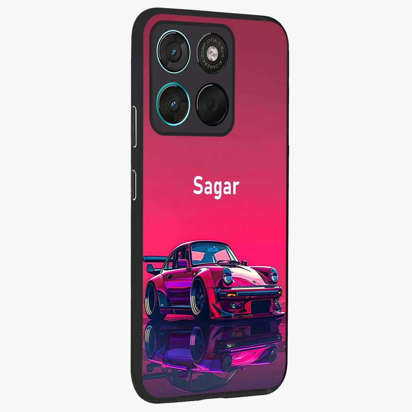 Neon Pink Porsche Glass Case upright view showcasing vibrant sports car artwork with bold automotive theme.
