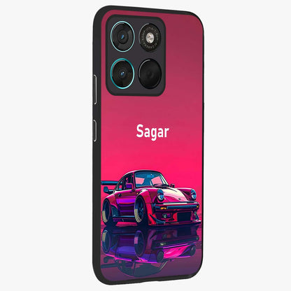 Neon Pink Porsche Glass Case upright view showcasing vibrant sports car artwork with bold automotive theme.