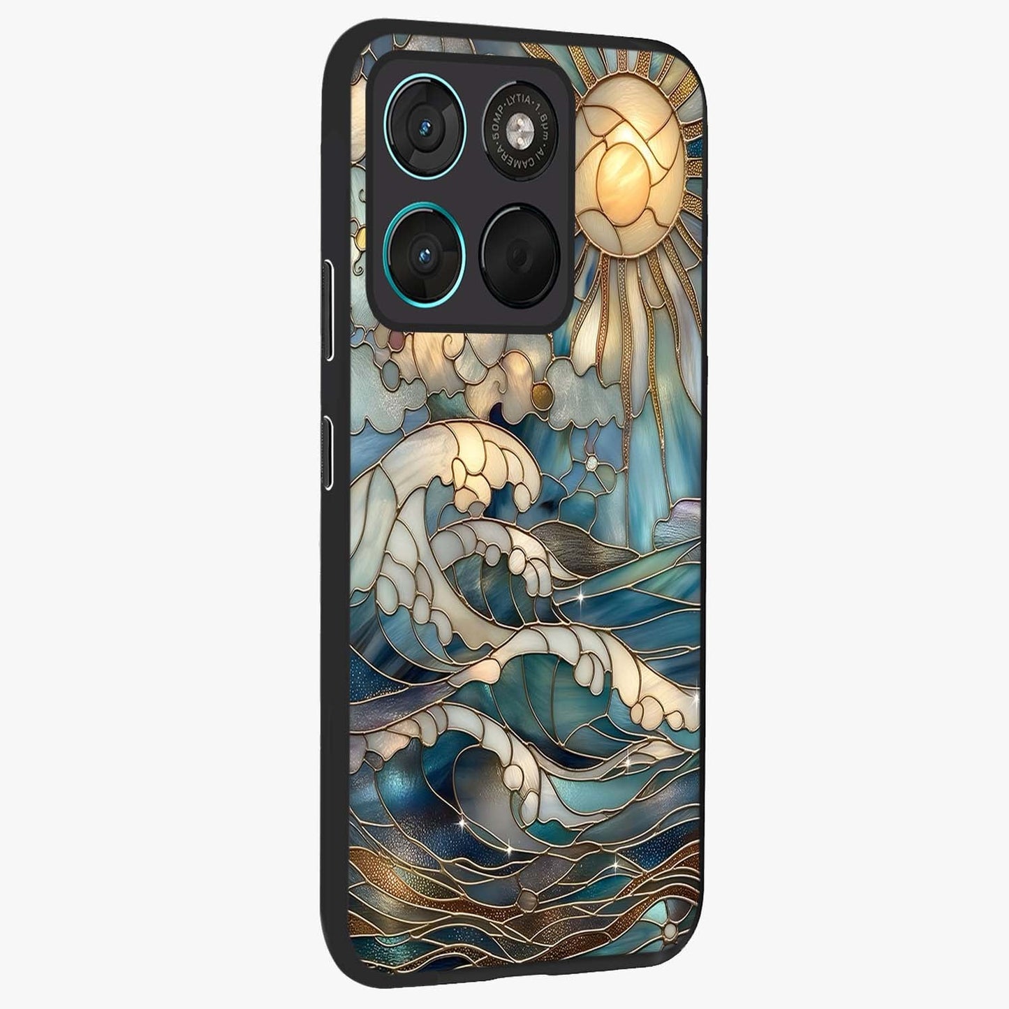 Oceanic Stained Printed Glass Case upright view showcasing decorative ocean pattern artwork with vibrant marine theme.