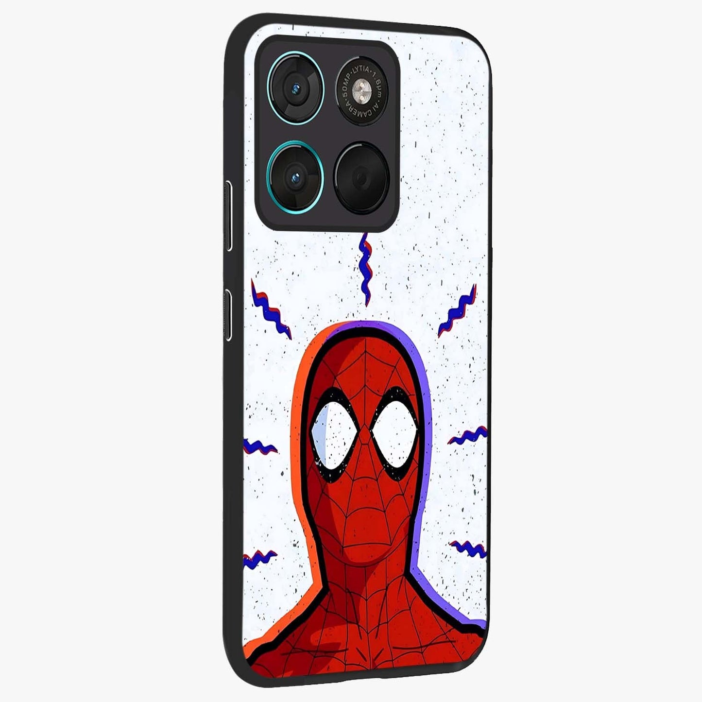 Omg Spiderman Glass Case upright view showcasing energetic superhero artwork with vibrant comic theme.