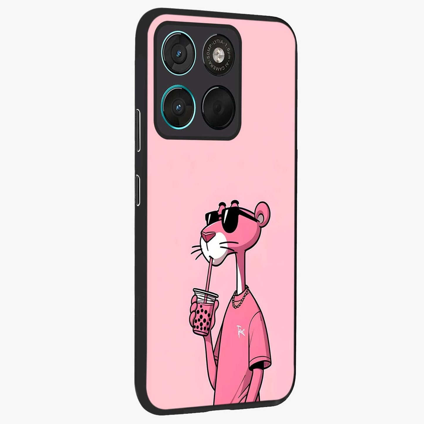 Pink Panther Glass Case upright view showcasing fun animated artwork with stylish retro cartoon theme.