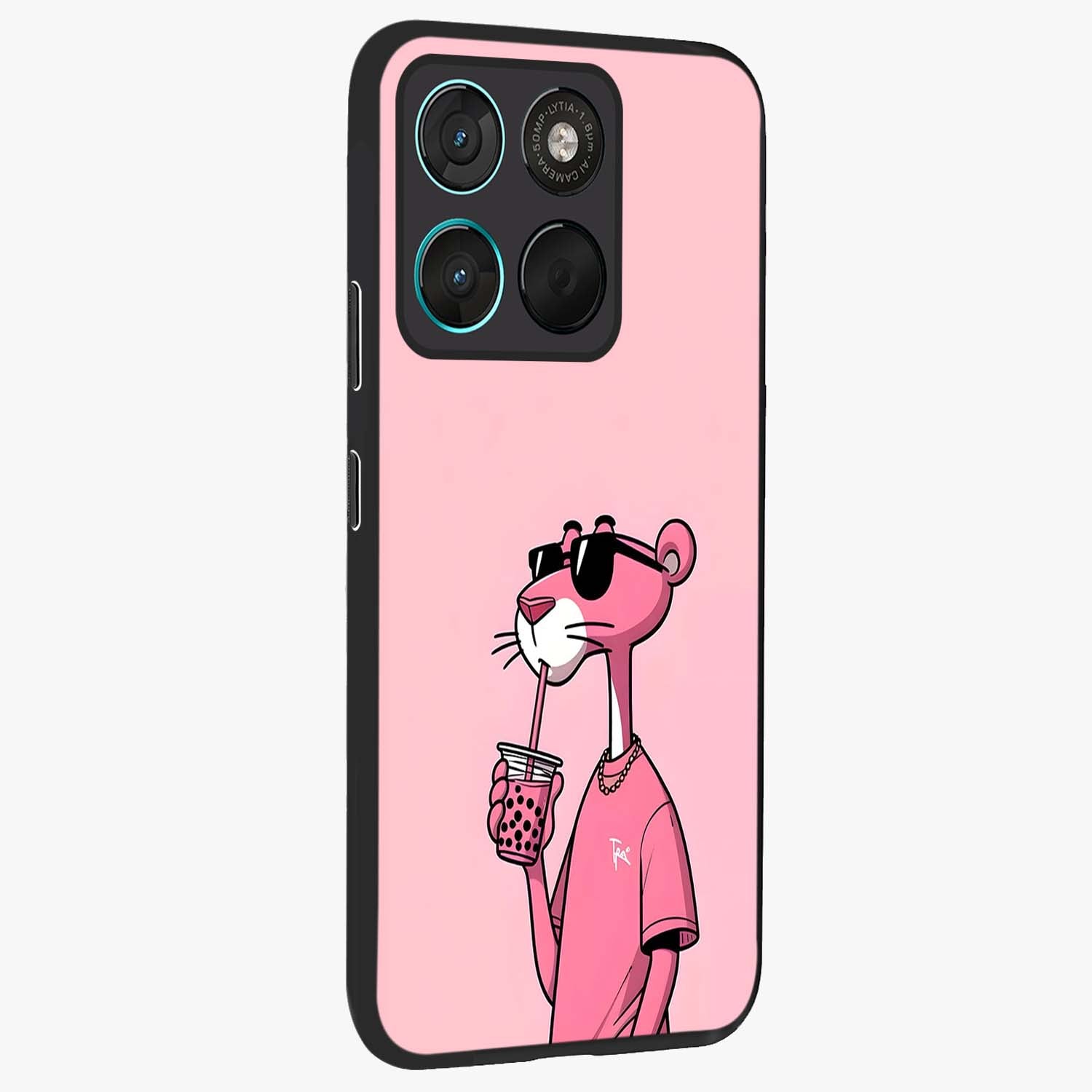 Pink Panther Glass Case upright view showcasing fun animated artwork with stylish retro cartoon theme.