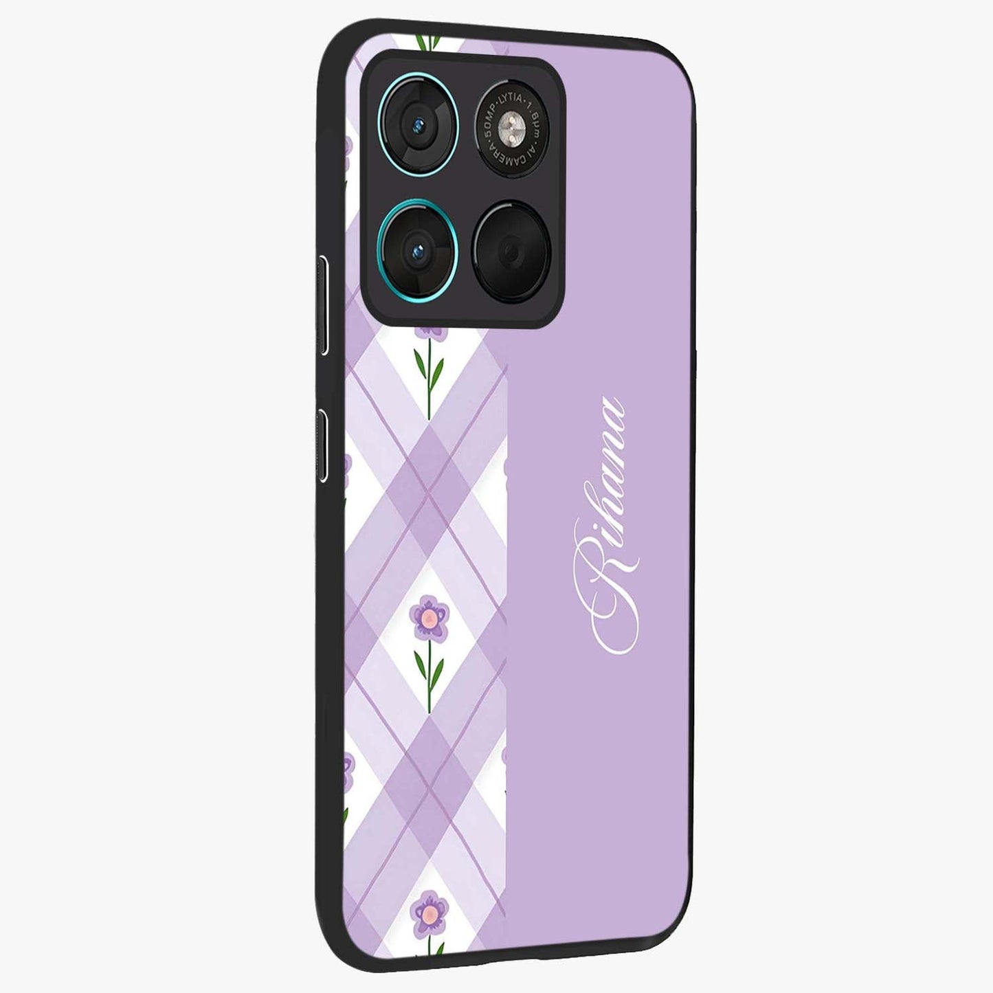 Purple Diamond Floral Glass Case upright view showcasing vibrant floral artwork with stylish geometric theme.