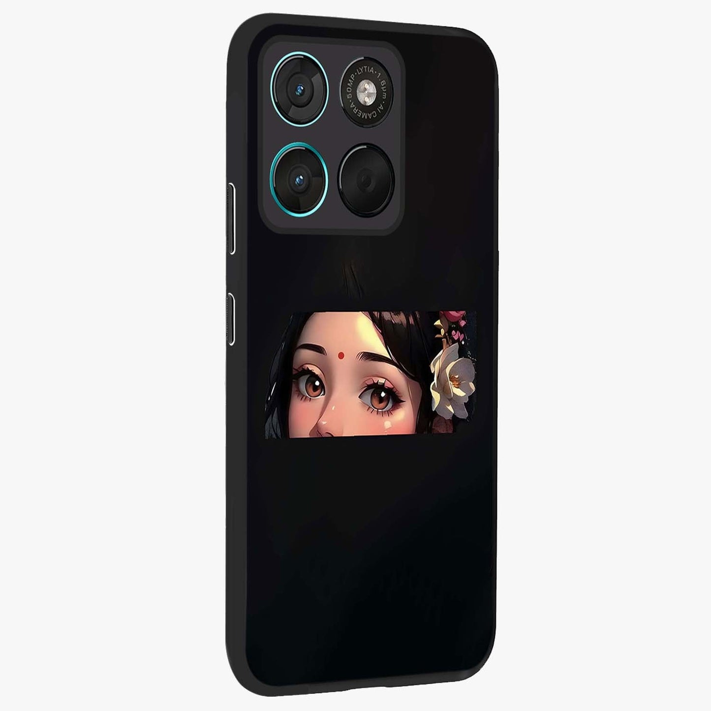 Radha Divine Embrace Glass Case upright view showcasing sacred Radha themed artwork with peaceful devotional style.