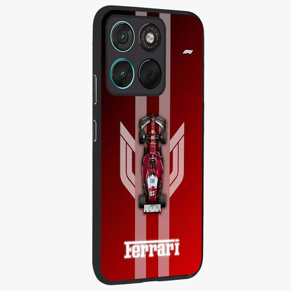 Red Ferrari F1 Vertical Glass Case upright view showcasing powerful Formula car artwork with dynamic motorsport theme.