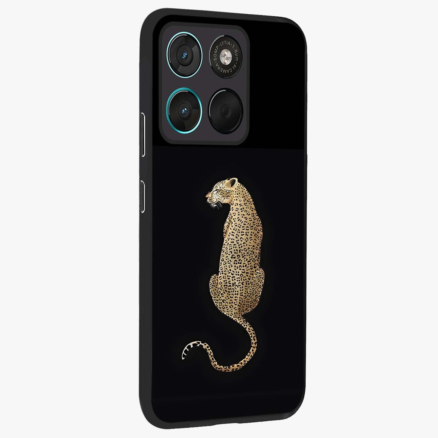 Regal Leopard Glass Case upright view showcasing striking leopard artwork with fierce wildlife theme.