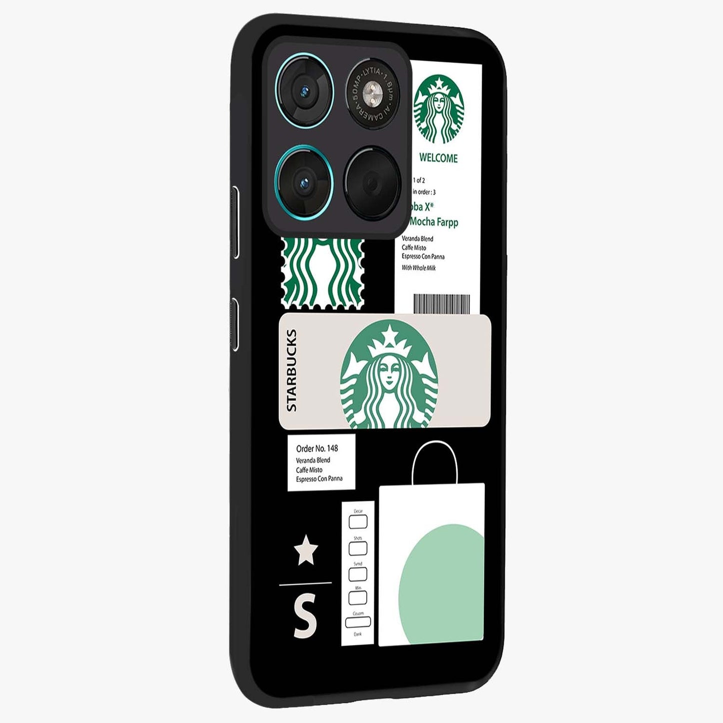 Starbucks Mocha Glass Case upright view showcasing trendy coffee inspired artwork with modern lifestyle theme.
