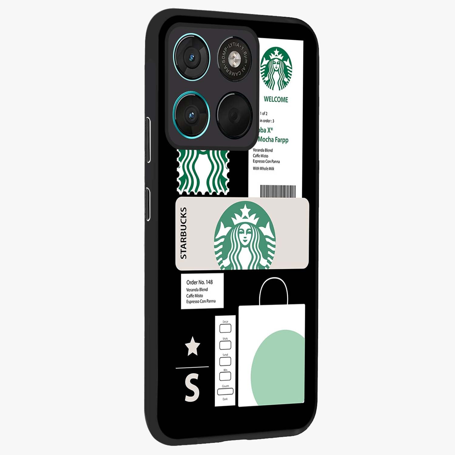 Starbucks Mocha Glass Case upright view showcasing trendy coffee inspired artwork with modern lifestyle theme.