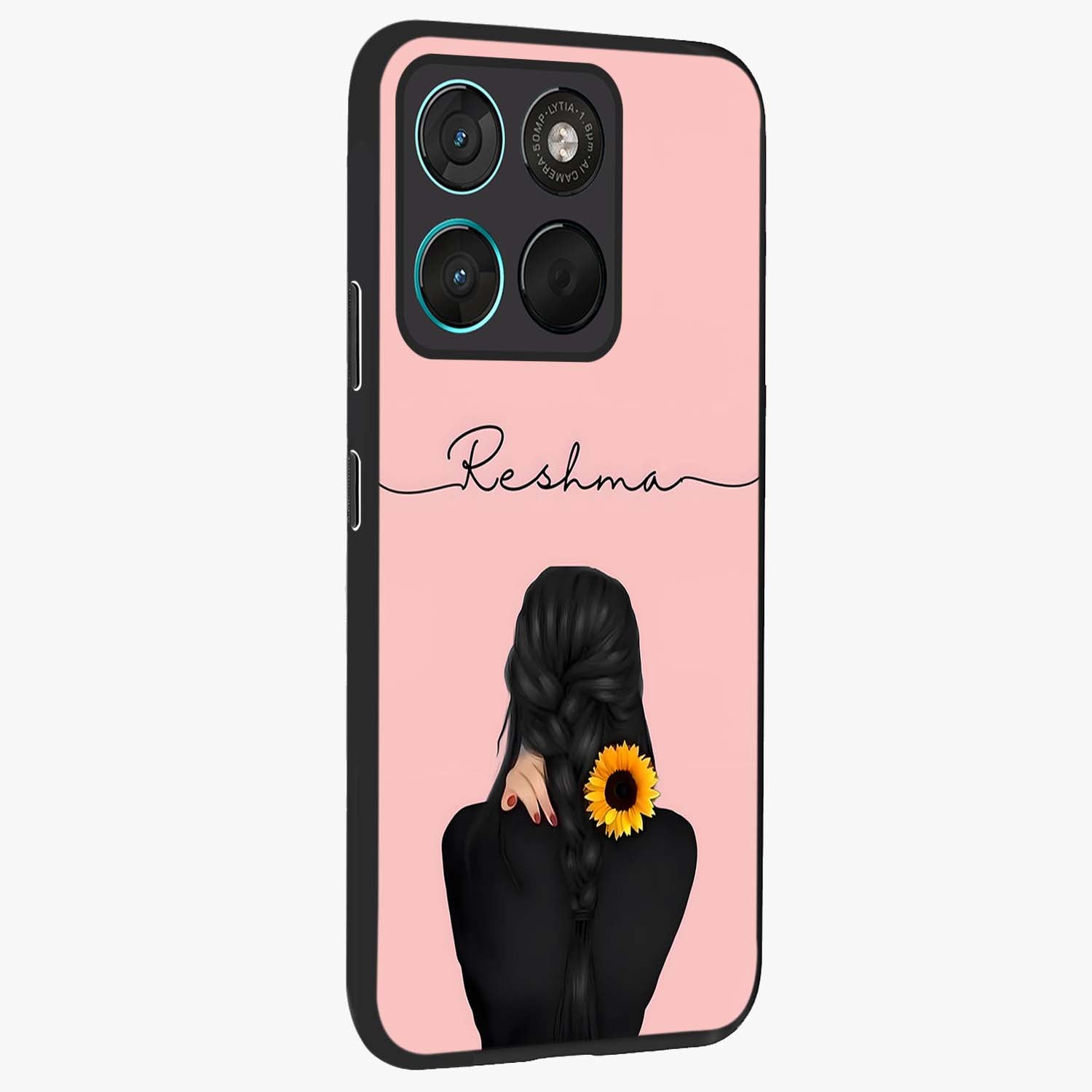 Sunflower Braid Beauty With Custom Name Glass Case upright view showcasing bright sunflower artwork with personalized floral aesthetic.