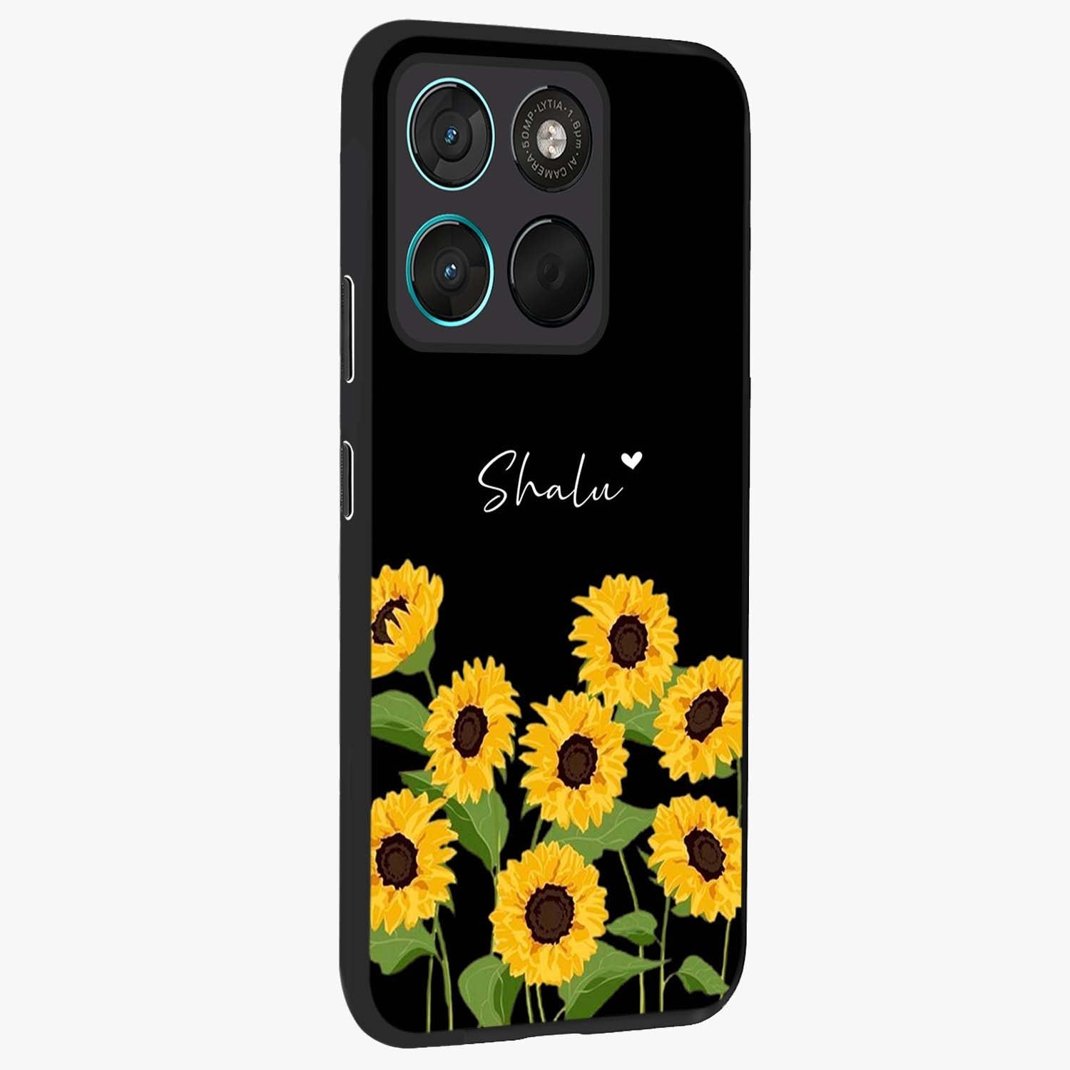 Sunflower Chic Mood Custom Name Glass Case upright view showcasing cheerful sunflower artwork with trendy floral theme.