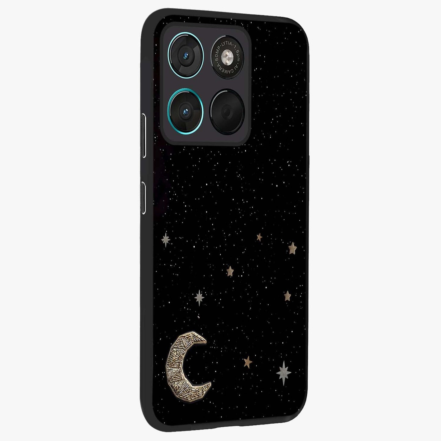 Twinkle Star With Half Moon Glass Case upright view showcasing glowing cosmic artwork with dreamy night theme.
