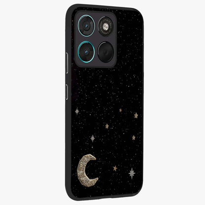 Twinkle Star With Half Moon Glass Case upright view showcasing glowing cosmic artwork with dreamy night theme.