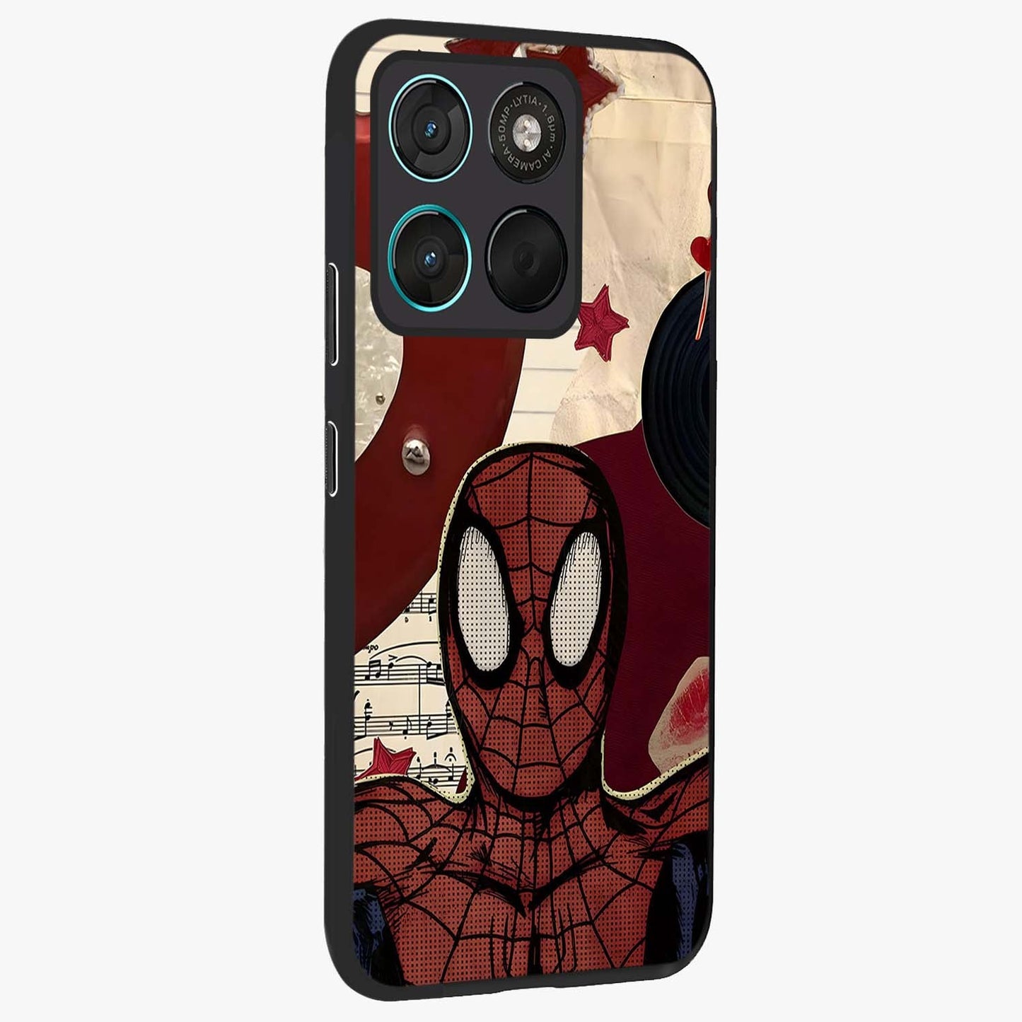 Web Warrior Vibes Glass Case upright view showcasing energetic superhero artwork with bold action theme.