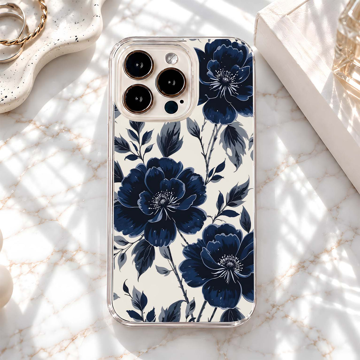 Navy Blue Florals Clear Silicon Cover