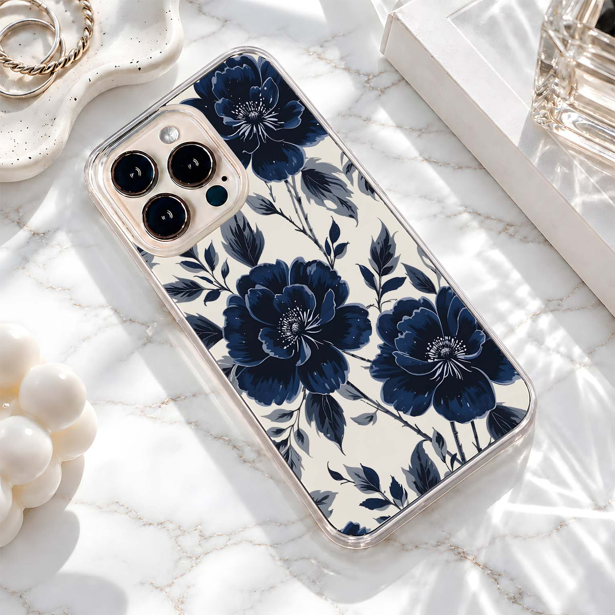 Navy Blue Florals Clear Silicon Cover