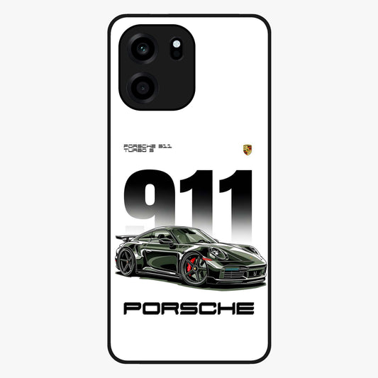 911 Turbo Dominance Glass Case showing clean flat back view with bold 911 sports car artwork and glossy glass finish.