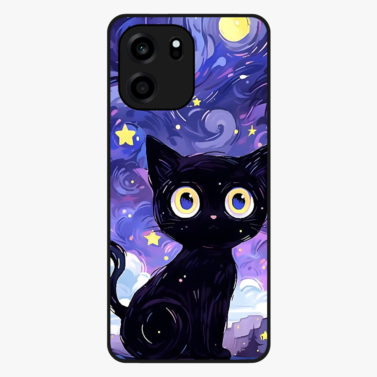 Abstract Cat Art Glass Case showing flat back view with artistic cat illustration and glossy glass finish.