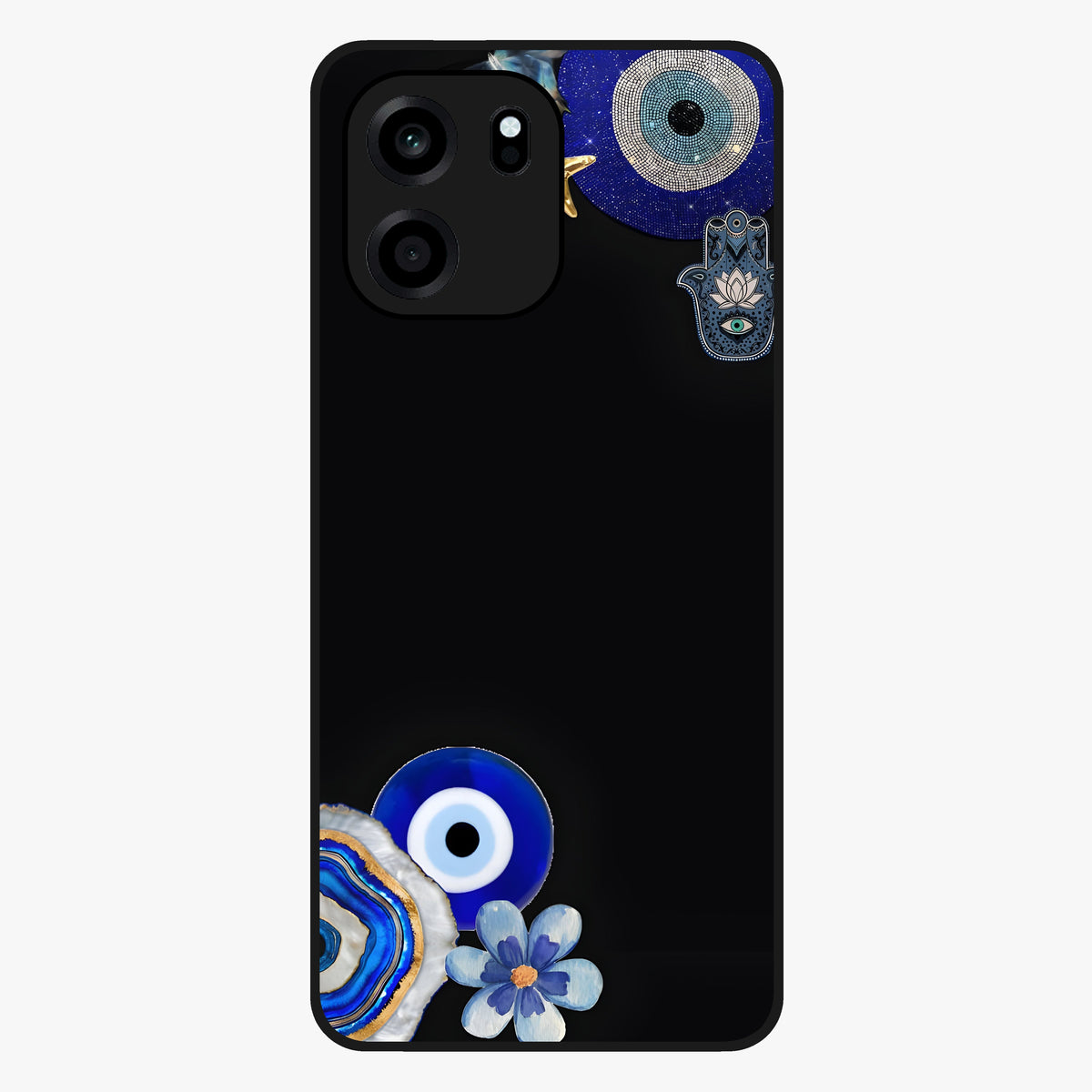 Aesthetic Blue Evil Eye Glass Case showing flat back view with protective evil eye artwork and glossy glass finish.