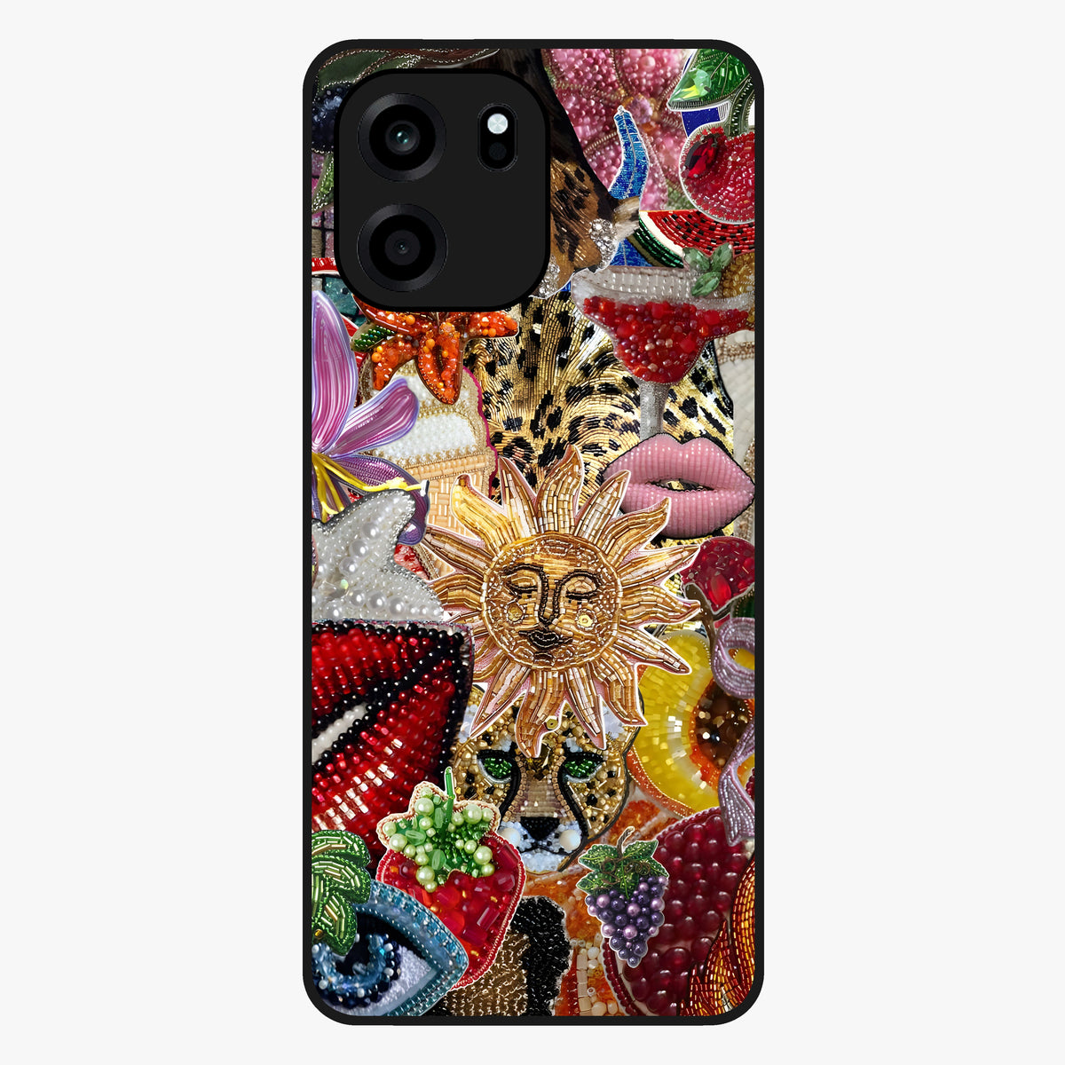 Beaded Fashion Jungle Glass Case showing flat back view with vibrant jungle inspired bead artwork and glossy glass finish.