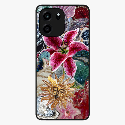 Beaded Garden Fantasy Glass Case showing flat back view with dreamy garden bead artwork and glossy glass finish.