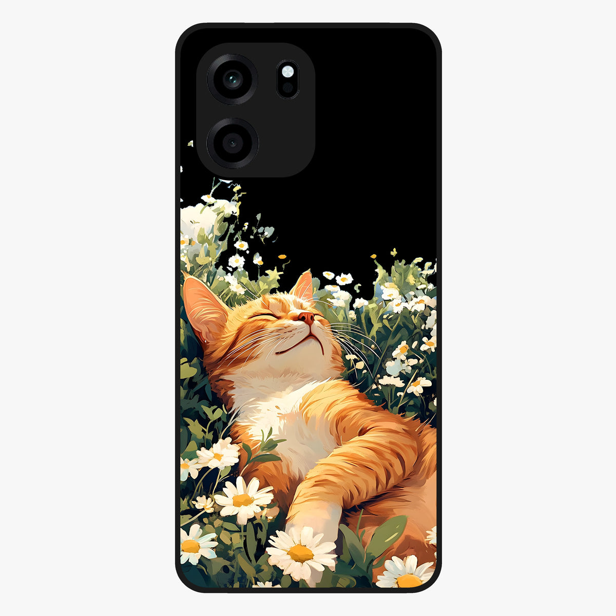 Blissful Bloom Cat Glass Case showing flat back view with cute cat and floral bloom artwork and glossy glass finish.