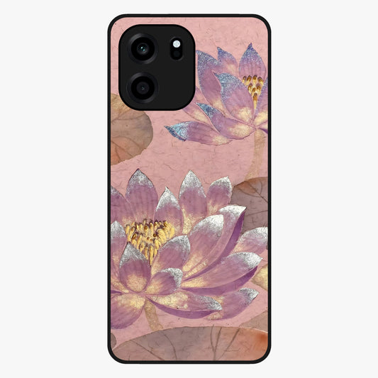 Blossom Mist Lotus Glass Case showing flat back view with serene lotus blossom artwork and glossy glass finish.