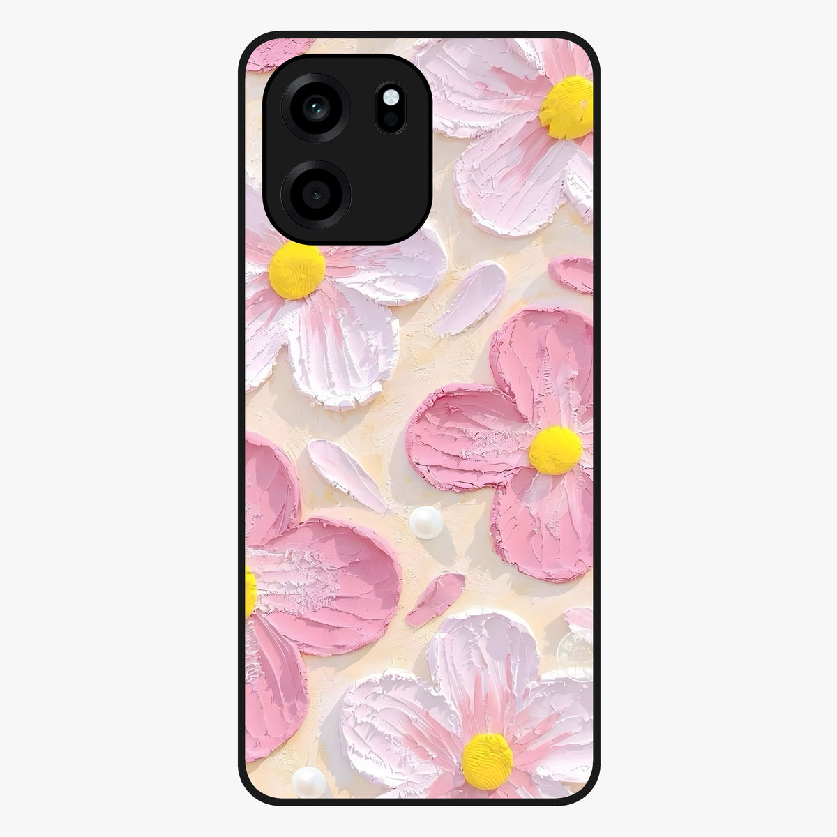 Blush Bloom Texture Glass Case showing flat back view with soft blush floral texture artwork and glossy glass finish.