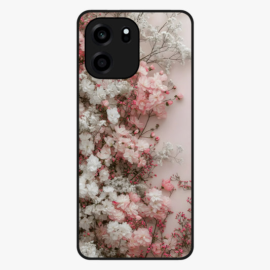 Blush Blossom Cloud Glass Case showing flat back view with dreamy blush cloud blossom artwork and glossy glass finish.