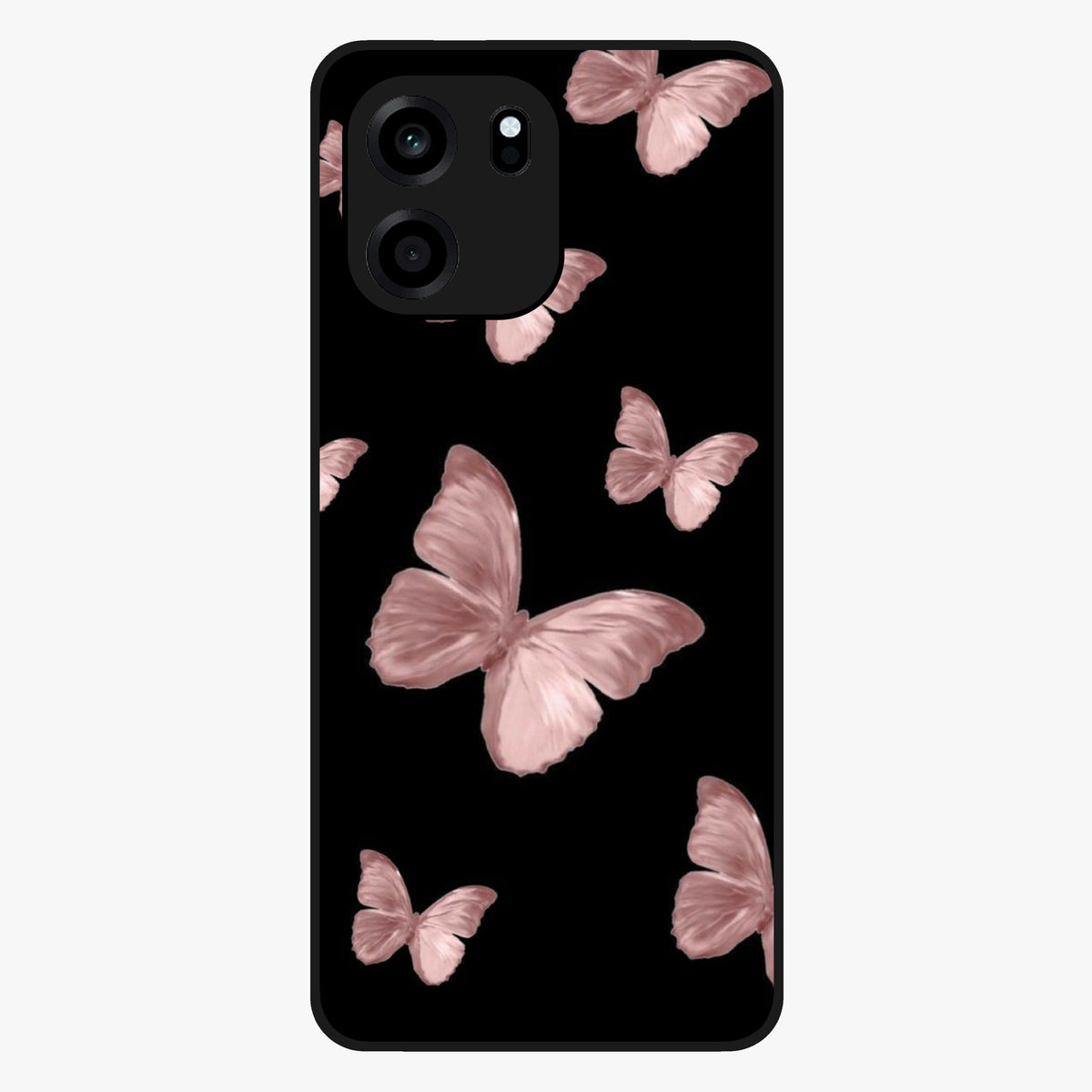 Butterfly Pattern Glass Case showing flat back view with elegant butterfly pattern artwork and glossy glass finish.