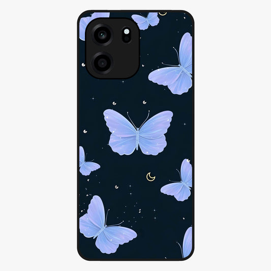 Butterfly With Stars Pattern Glass Case showing flat back view with butterfly and star pattern artwork and glossy glass finish.