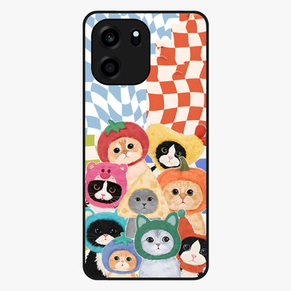 Cats in Fruits Glass Case showing flat back view with playful cat illustrations inside fruit artwork and glossy glass finish.