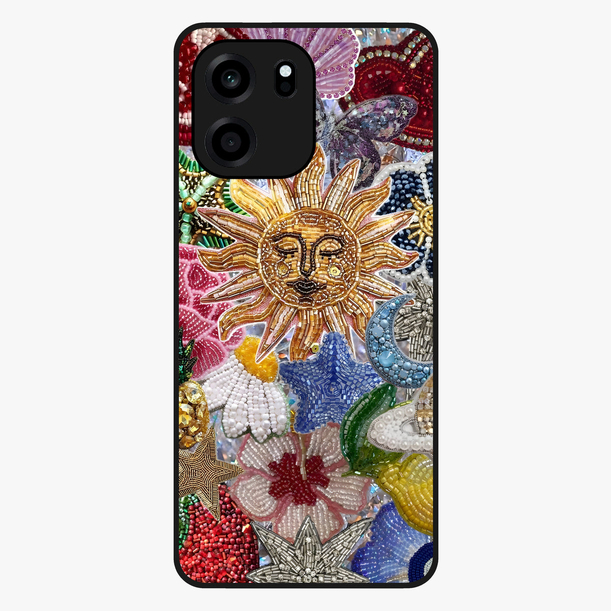 Celestial Floral and Playful Glass Case showing flat back view with floral and celestial themed artwork and glossy glass finish.