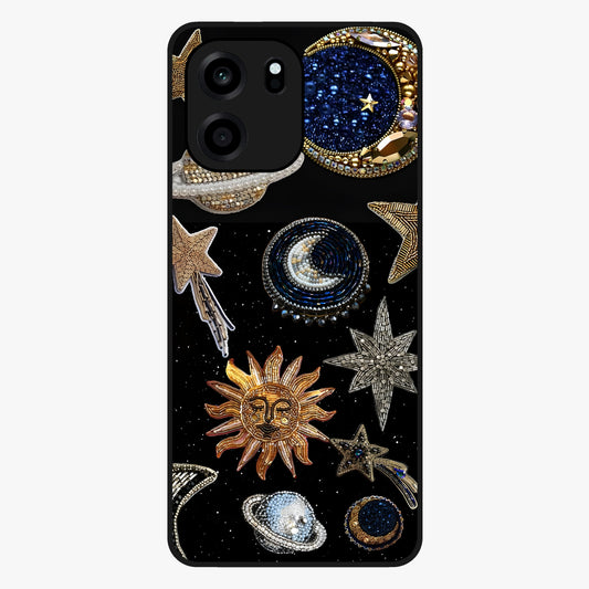 Celestial Gem Constellations Glass Case showing flat back view with sparkling constellation artwork and glossy glass finish.