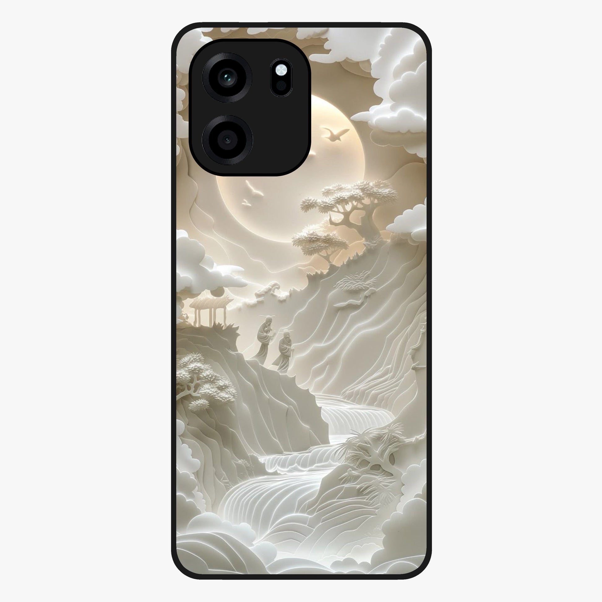 Celestial Origami Glass Case showing flat back view with artistic origami inspired celestial artwork and glossy glass finish.