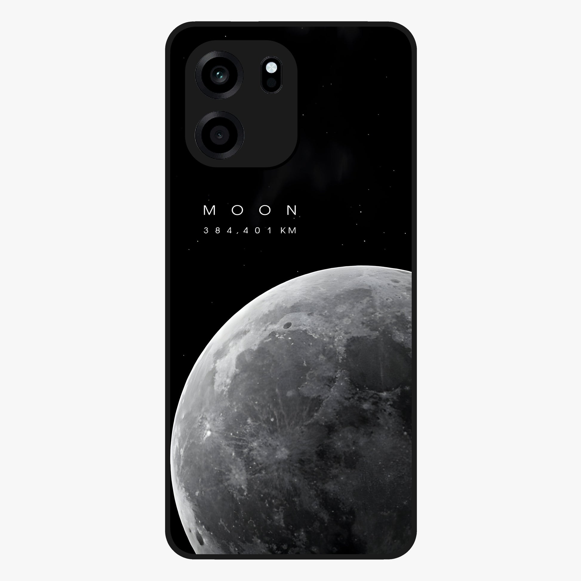 Cosmic Moon Glow Glass Case showing flat back view with glowing moon artwork and glossy glass finish.