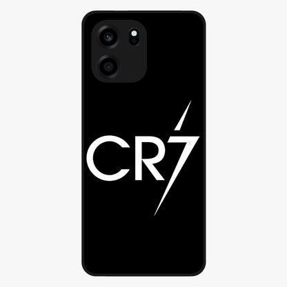 Cr7 Elite Strike Glass Case showing flat back view with dynamic football inspired artwork and glossy glass finish.