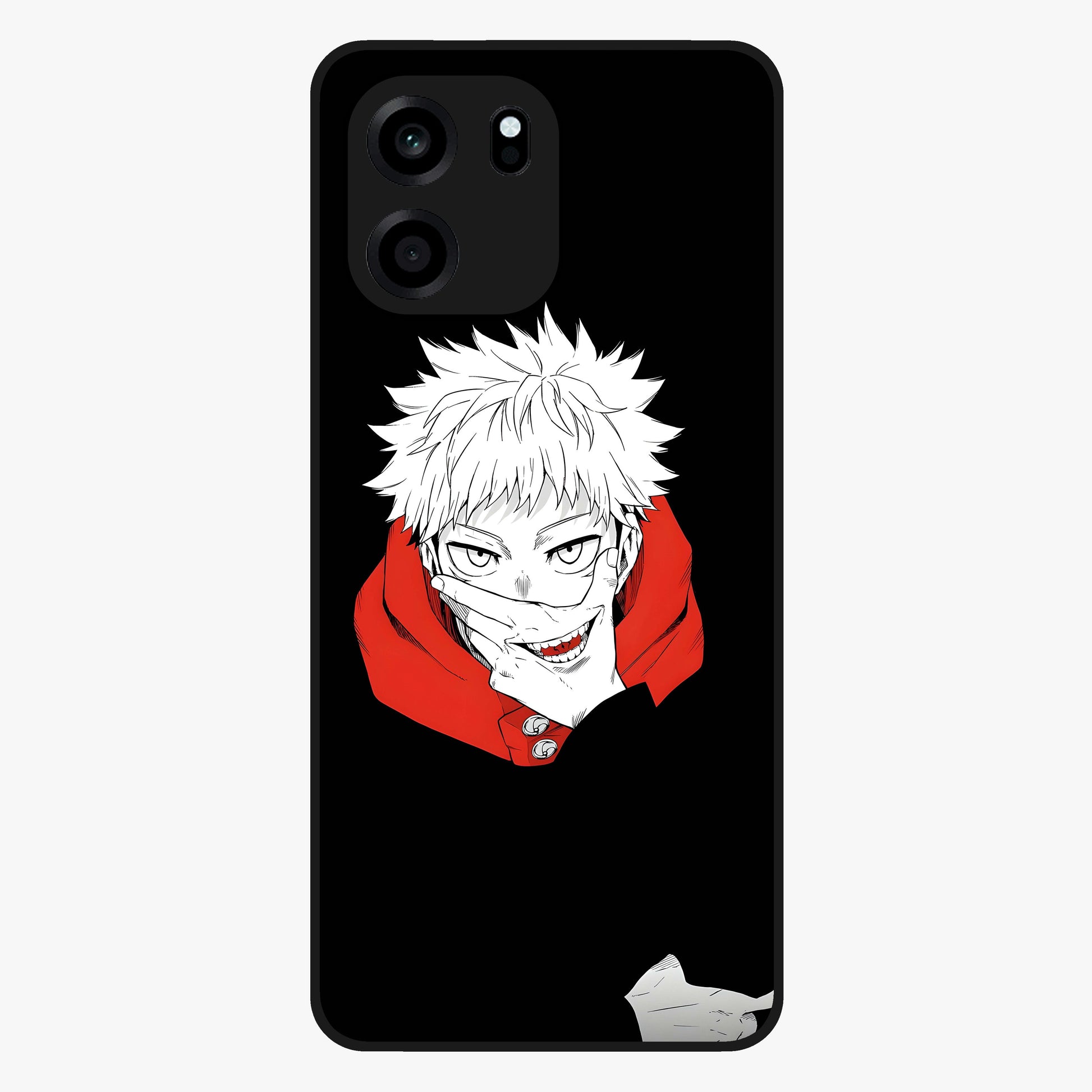 Crimson Chaos Smile Glass Case showing flat back view with bold chaotic smile artwork and glossy glass finish.