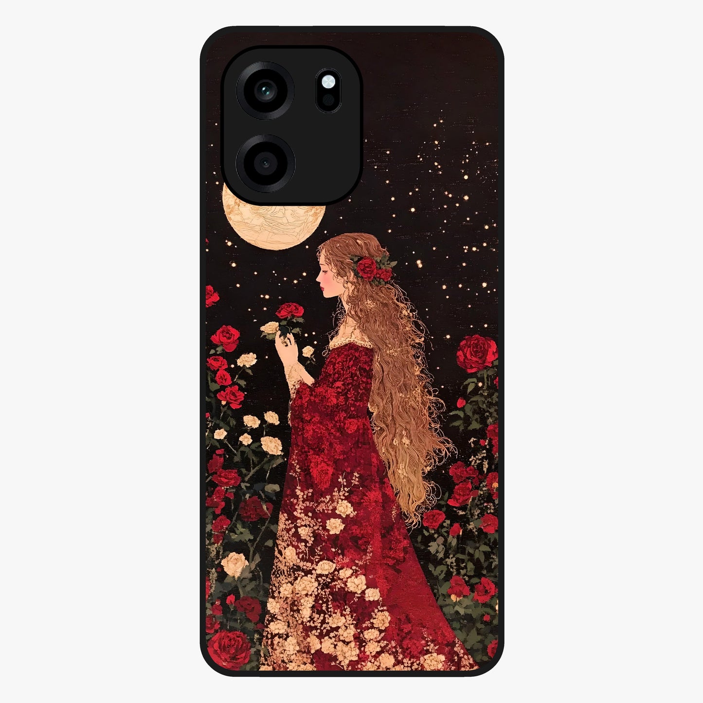 Crimson Dreams Glass Case showing flat back view with dreamy crimson artwork and glossy glass finish.