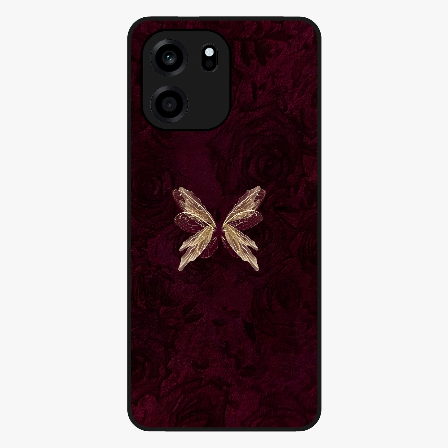Crimson Fade Butterfly Glass Case showing flat back view with fading butterfly artwork and glossy glass finish.