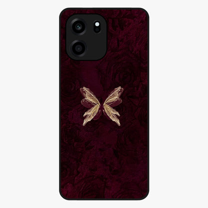 Crimson Fade Butterfly Glass Case showing flat back view with fading butterfly artwork and glossy glass finish.