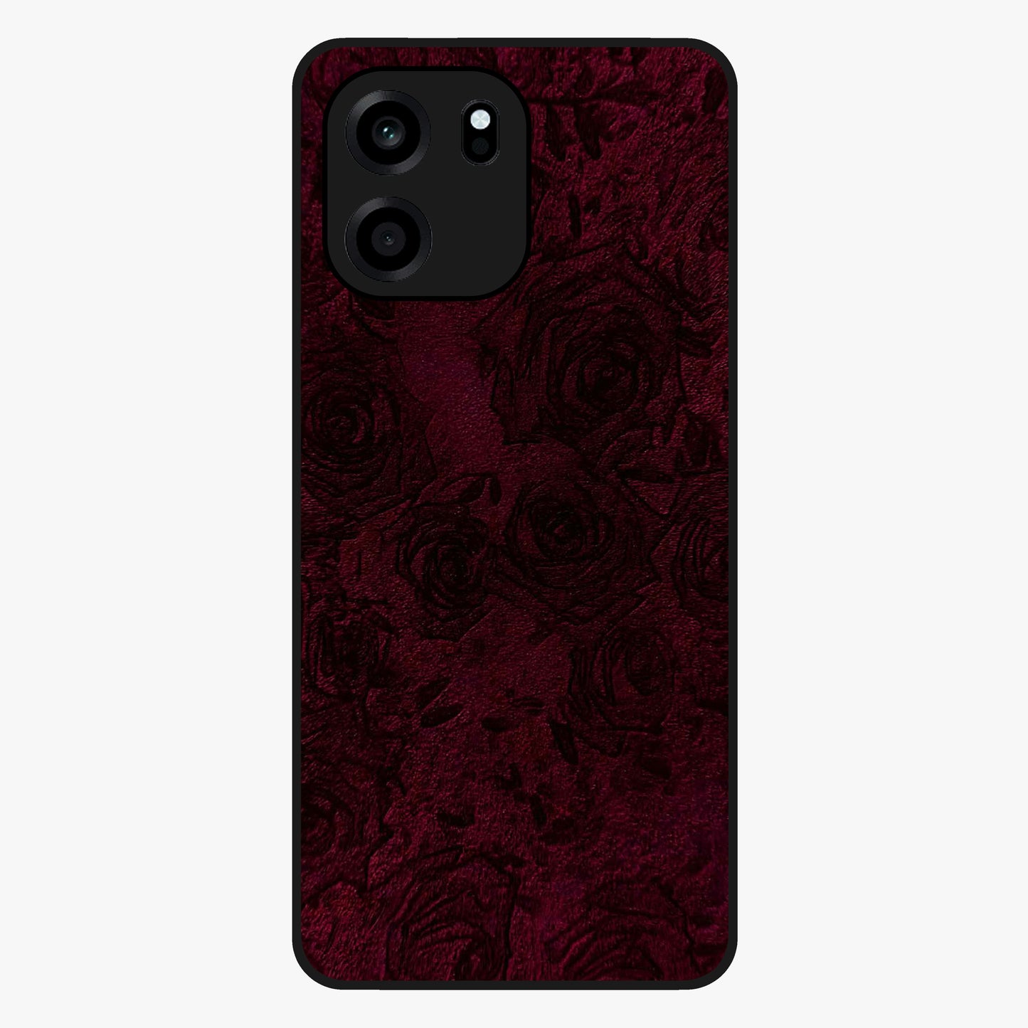 Crimson Fade Flow Glass Case showing flat back view with flowing crimson gradient artwork and glossy glass finish.