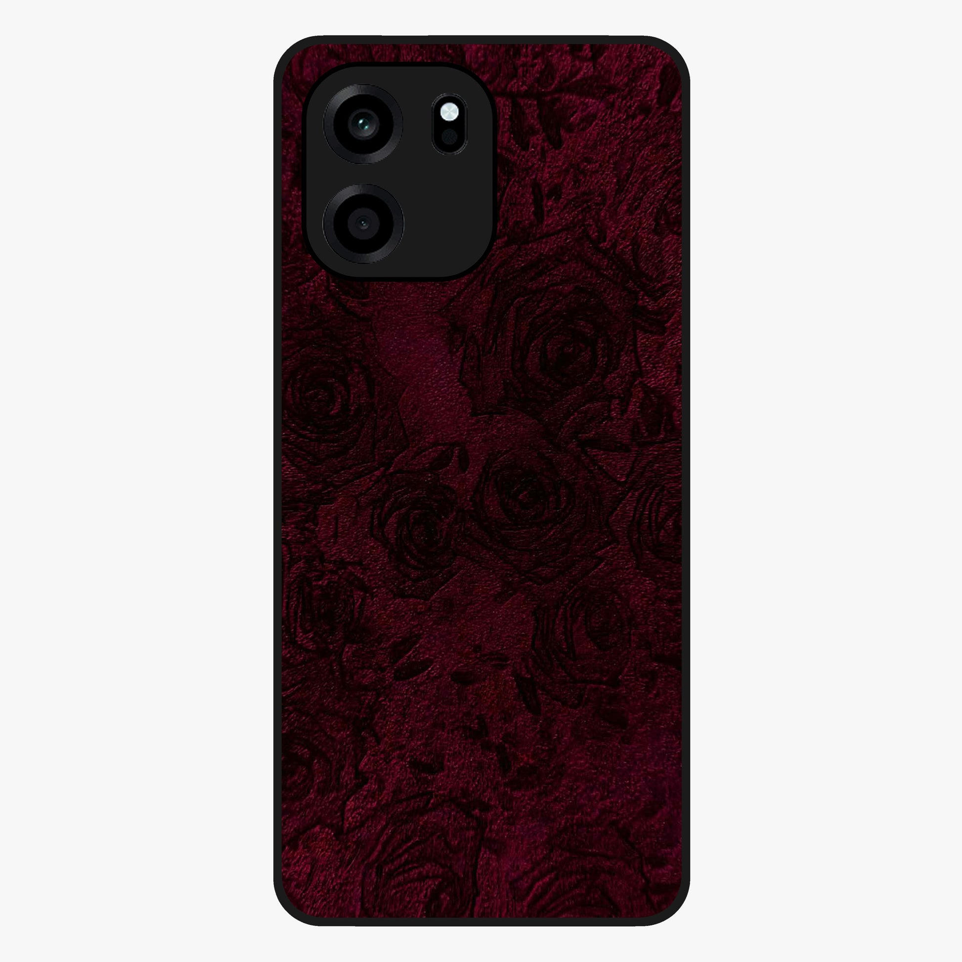 Crimson Fade Flow Glass Case showing flat back view with flowing crimson gradient artwork and glossy glass finish.